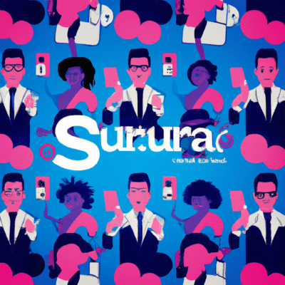 Imagem interna: Pessoas usando smartphones com ícones de redes sociais